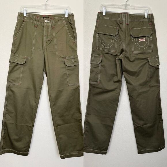 True Religion Women's Military Cargo Pants Straight Kalamata Olive Green Size 26 - Picture 1 of 12